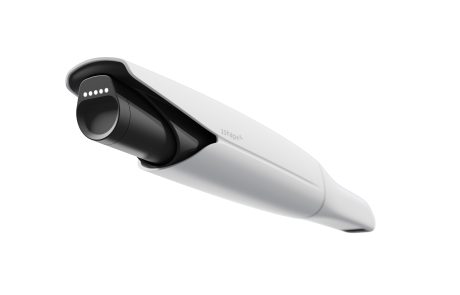 TRIOS 5 intraoral scanner with battery inserted, rear angled view