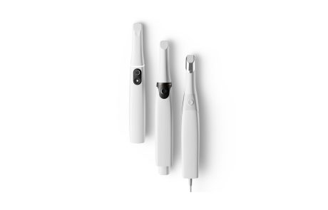 Top view of TRIOS T3, T4, and T5 intraoral scanners side by side